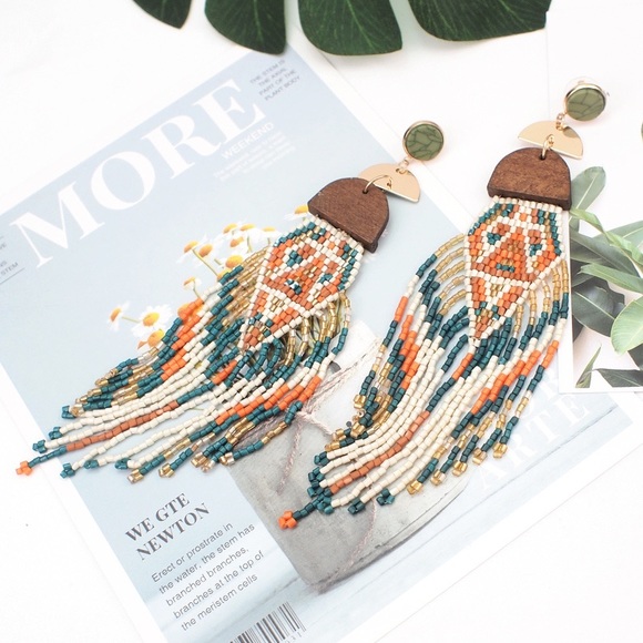 Western Boho Beaded Long Fringe Dangle Earrings - Picture 2 of 5